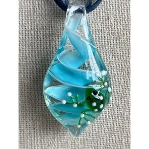 Blue Flower Dichoric Glass Pendant Necklace -- 18"
